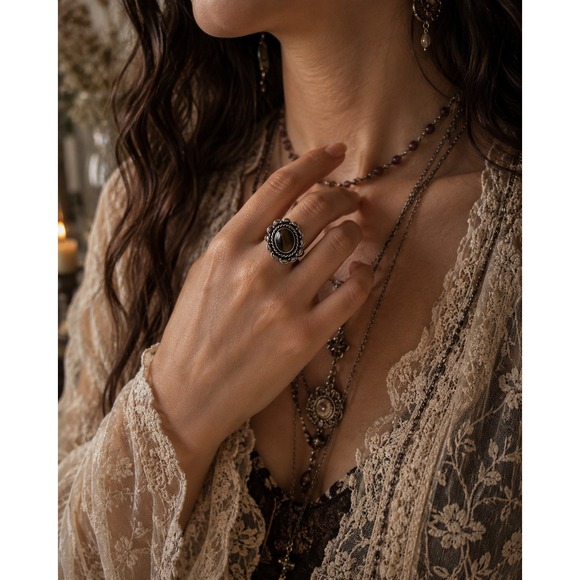 Jewelry - Tiger Eye Stone Ring Size 5.5 Brown Silver Tone Boho Western Witchy‎ Celestial